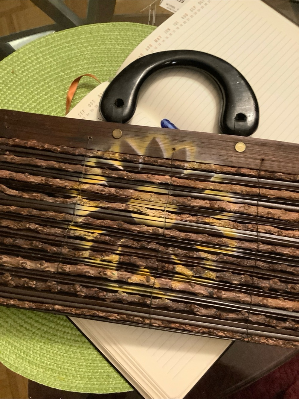 Vintage Wooden Bamboo Clutch with Yellow Floral Accent